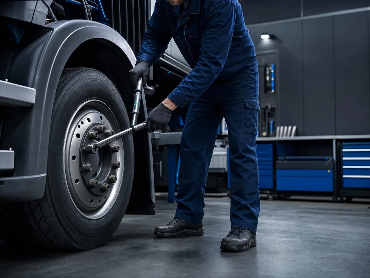 Mechanik podczas serwisu koła samochodu ciężarowego